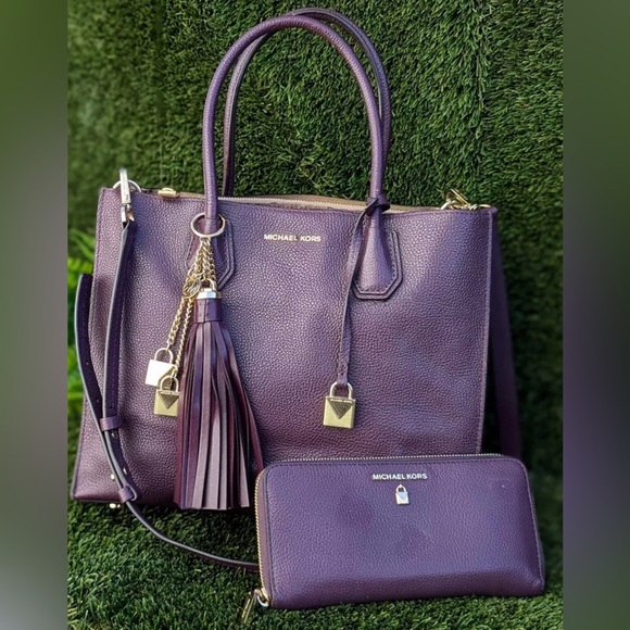 Michael Kors Studio Mercer LEATHER Accordion Tote Purple Satchel PURSE+Wallet - Picture 11 of 13